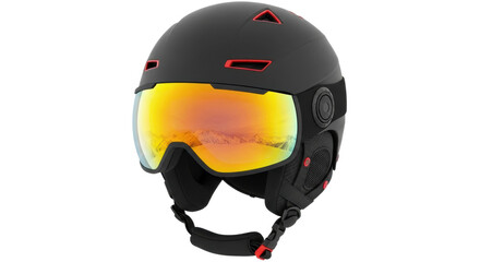 A modern black ski helmet with red accents and a large integrated visor reflecting a snowy mountain range, showcasing protective winter sports equipment