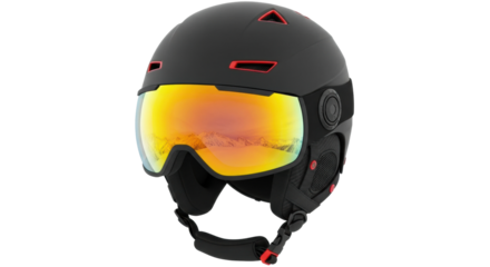 A modern black ski helmet with red accents and a large integrated visor reflecting a snowy mountain range, showcasing protective winter sports equipment