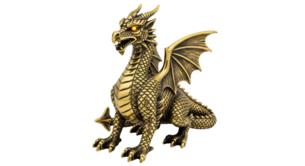 An antique brass sculpture of a fierce fantasy dragon with fiery glowing eyes, sharp claws, and detailed scales, sitting in a majestic and watchful stance