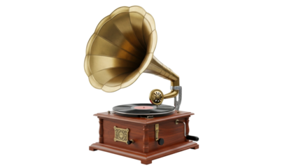 A beautifully crafted antique gramophone with a polished wooden base, a large golden horn, and ornate details, evoking a sense of nostalgia and classic musical history