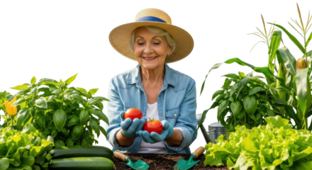 Smiling elderly woman in a straw hat proudly displays two ripe red tomatoes from her vibrant organic vegetable garden surrounded by fresh greens like lettuce and basil