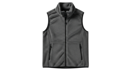 A comfortable dark grey sleeveless fleece gilet with a stand-up collar and zippered pockets, presented in a clean, minimalist style showcasing the soft fabric texture