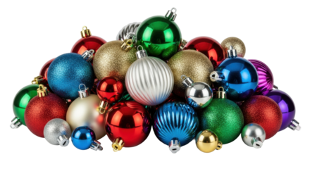 A festive assortment of various Christmas tree baubles, including shiny, glittered, and ribbed decorations in a vibrant mix of red, blue, green, gold, and silver
