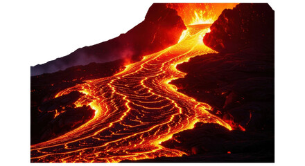 A powerful volcanic eruption sends a glowing river of molten lava flowing down a dark, rocky mountainside, creating intricate patterns of fire and cooling rock