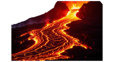 A powerful volcanic eruption sends a glowing river of molten lava flowing down a dark, rocky mountainside, creating intricate patterns of fire and cooling rock