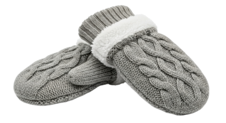 A cozy pair of grey cable knit mittens with a warm, fluffy white fleece lining and ribbed cuffs, showcasing a classic handmade style for cold winter weather