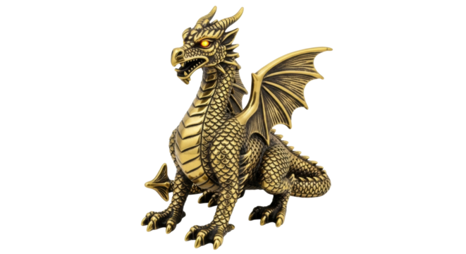 An antique brass sculpture of a fierce fantasy dragon with fiery glowing eyes, sharp claws, and detailed scales, sitting in a majestic and watchful stance