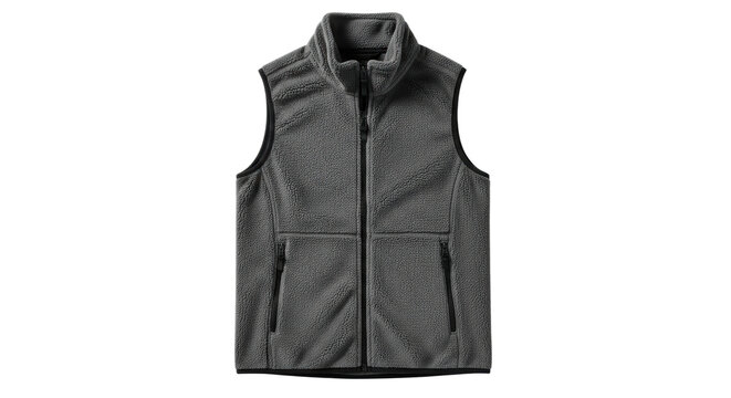 A comfortable dark grey sleeveless fleece gilet with a stand-up collar and zippered pockets, presented in a clean, minimalist style showcasing the soft fabric texture