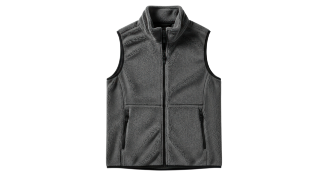 A comfortable dark grey sleeveless fleece gilet with a stand-up collar and zippered pockets, presented in a clean, minimalist style showcasing the soft fabric texture