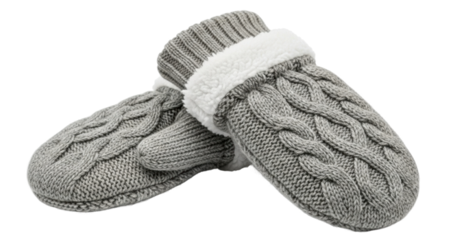 A cozy pair of grey cable knit mittens with a warm, fluffy white fleece lining and ribbed cuffs, showcasing a classic handmade style for cold winter weather