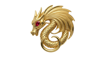 A luxurious golden dragon brooch with intricate scales and a brilliant red ruby gemstone eye, showcasing exquisite craftsmanship and mythical elegance