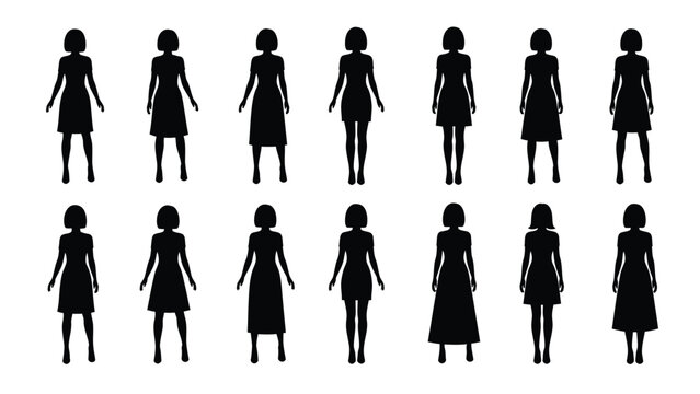 Diverse Women Silhouettes Vector Set. Female figures standing, wearing different dress styles and lengths, graphic icons for fashion, retail, or demographic design.