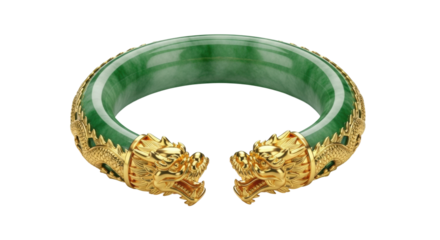 An exquisite open cuff bangle made of polished green jade and detailed yellow gold, featuring two mythical dragon heads with intricate scales and an elegant, traditional design