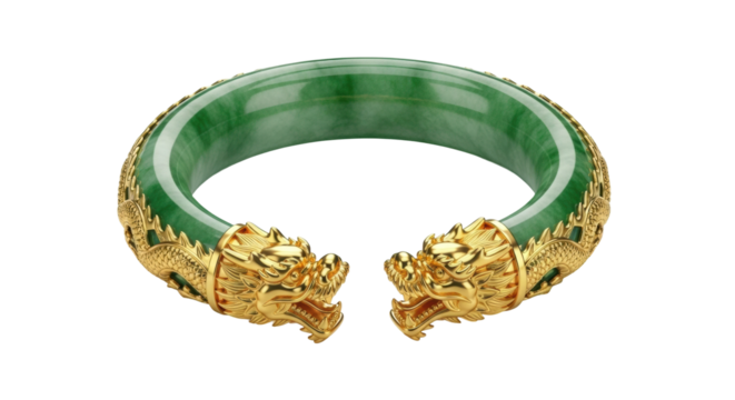 An exquisite open cuff bangle made of polished green jade and detailed yellow gold, featuring two mythical dragon heads with intricate scales and an elegant, traditional design