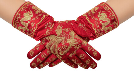 Elegant crossed hands wearing luxurious red silk gloves featuring ornate gold embroidery of a traditional dragon and phoenix, showcasing detailed craftsmanship and cultural design