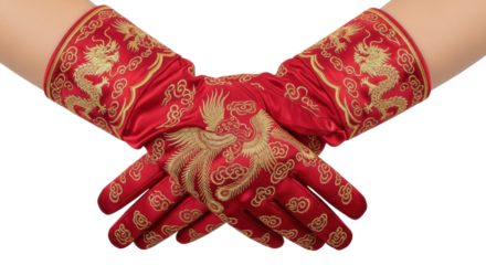 Elegant crossed hands wearing luxurious red silk gloves featuring ornate gold embroidery of a traditional dragon and phoenix, showcasing detailed craftsmanship and cultural design