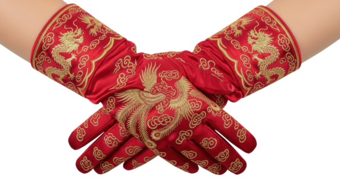 Elegant crossed hands wearing luxurious red silk gloves featuring ornate gold embroidery of a traditional dragon and phoenix, showcasing detailed craftsmanship and cultural design