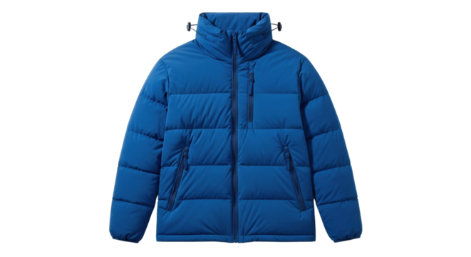 Front view of a vibrant blue down-filled winter jacket featuring a quilted design, a high protective collar, and practical zippered pockets for everyday wear