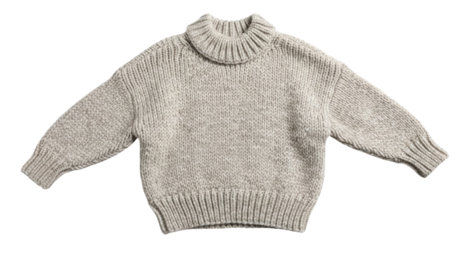 Warm and comfortable oversized pullover sweater made from a thick, light gray wool yarn, featuring a high ribbed collar and a classic chunky knit pattern for cold weather