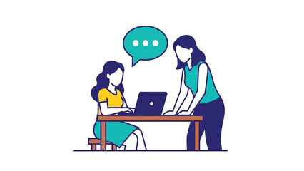 Two Business Women Collaborating on a Laptop at the Desk with Conversation Speech Bubble. Vector Illustration of Office Teamwork and Mentorship.
