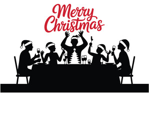 Group of festive people silhouettes in santa hats celebrating christmas dinner party