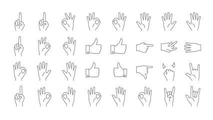 Hand Gestures Line Icons Set: Vector Outline Pictograms for Communication, Expression, Direction, and Confirmation Signs