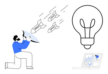 Man shielding against DDoS attacks, light bulb representing ideas, analytics dashboard. Ideal for cybersecurity, innovation, crisis management, technology, protection, data analysis simple flat