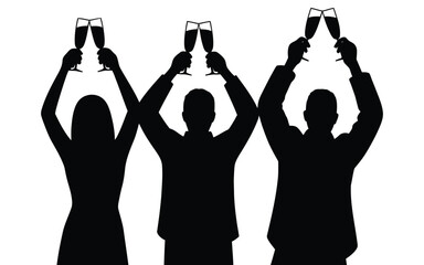 Silhouettes of people toasting with champagne glasses for new year celebration
