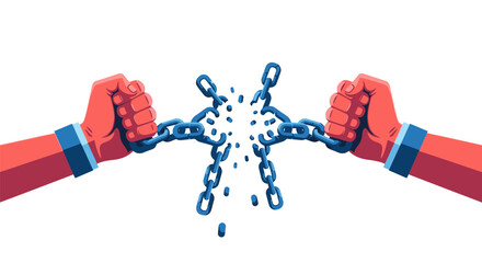 Depicts two powerful hands breaking a heavy metal chain, symbolizing liberation and resilience