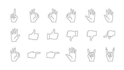 Hand Gestures Line Icons Set. Vector Outline Collection of Different Arm Signs, Thumbs Up, OK Sign, Pointing, and Counting Symbols.