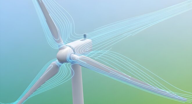 A wind turbine with airflow lines depicted against a gradient background of blue to green