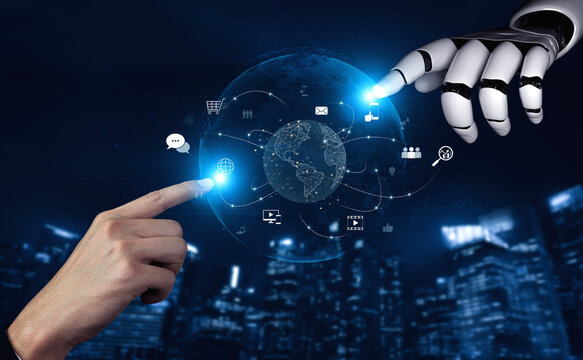 AI-assisted visualization of global communication network, showing data exchange, global connection, digital interaction, and communication network. Vouch