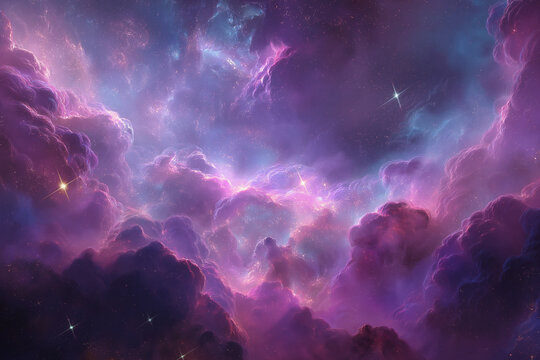 Vibrant purple and blue nebula clouds illuminated by distant stars creating a stunning, ethereal cosmic landscape in deep space - Powered by Adobe
