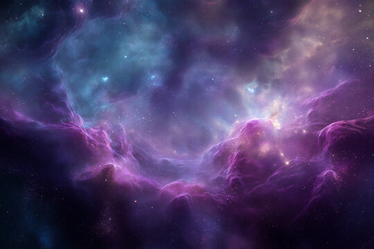 Vibrant deep space nebula filled with glowing purple and blue cosmic gas clouds and countless distant stars, creating an abstract and mysterious celestial background