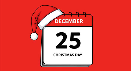 Festive calendar illustration marking December 25th with a whimsical Santa hat on a red background
