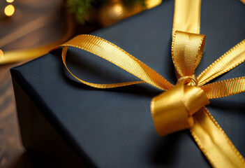 Close-Up of Luxury Gift Box with Golden Ribbon