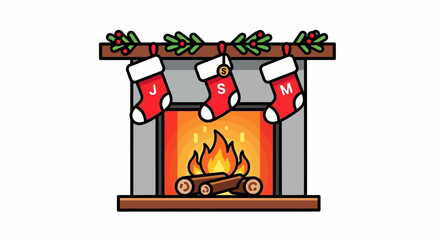 Obraz premium Festive fireplace with hanging stockings and glowing fire preparing for the Christmas celebration
