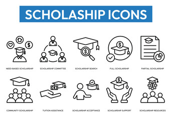 Clean outline icon set illustrating scholarship search, funding, acceptance, committee, tuition assistance, and resources. Perfect for education apps, websites, presentations, and infographics.