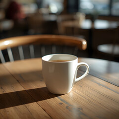 Fototapeta premium A white mug of coffee on a wooden table in a cafe setting