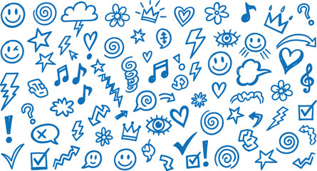 Hand drawn doodle icons pattern blue sketch symbols collection