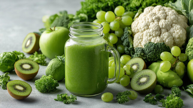 Fresh green health smoothies in glass jar mugs surrounded by kale, lime, apple, kiwi, grapes, banana, avocado, and lettuce on a clean white background with copy space. Perfect for concepts of raw food