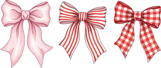 Illustrative set of pink, striped, and gingham ribbon bows design