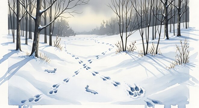 Animal tracks crossing in a snowy winter forest landscape.