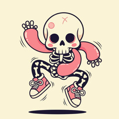 Cute Cartoon Skeleton Dancing with Pink Limbs and Sneakers.