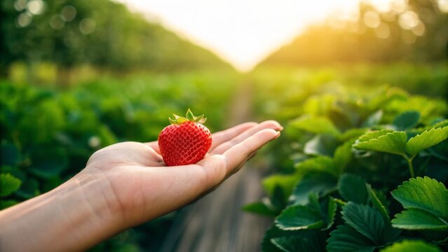 Person Holding a Fresh Ripe Strawberry in Sunlight Outdoors