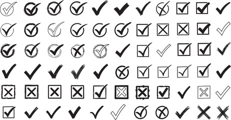 Collection of diverse checkmark and cross symbols in many styles