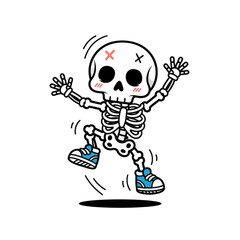Cute Cartoon Skeleton Dancing with Blue Shoes.