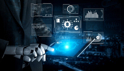 AI reading big data visualization dashboard, analyzing insights, identifying patterns, and...