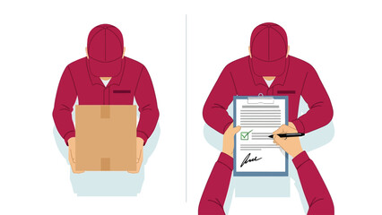 Delivery Service Process Illustration: Courier Holding Package and Customer Signing Receipt on Clipboard