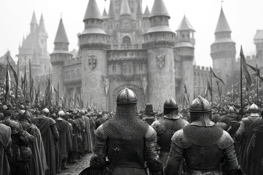Knights prepare for battle outside a medieval castle with towering gates and fortified walls